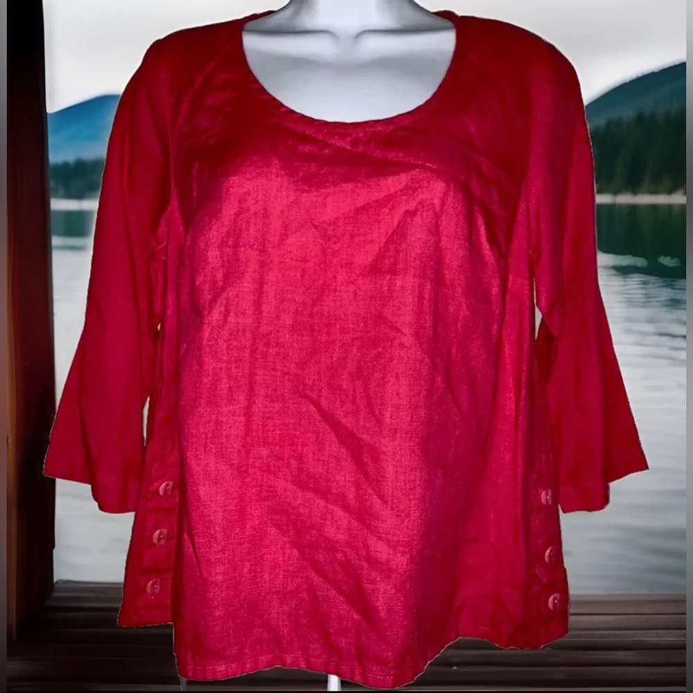 FLAX 4-6 petite Scoop Neck. 3/4 Sleeve. Bold Pink. Linen Blouse Top.